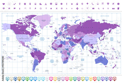Obraz na płótnie World Map Violet colors and flat navigation icon set