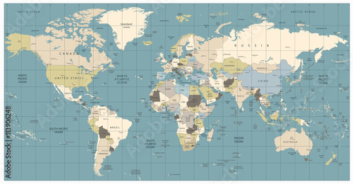 Lacobel World Map old colors illustration: countries, cities, water obje