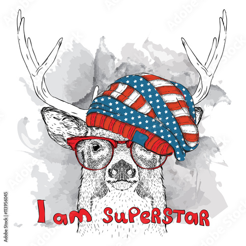 Hand draw deer in USA hat. Vector illustration