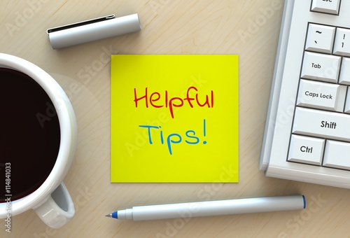 Helpful Tips, message on note paper, computer and coffee on table, 3D rendering