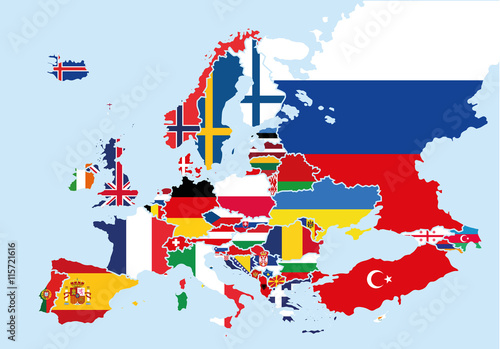 Lacobel Map of Europe colored with the flags of each country