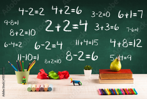 Zdjęcia School blackboard with pile of books