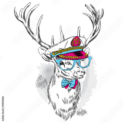 Lacobel Beautiful deer in the captain's cap, glasses and tie. Vector illustration for a card or poster. Print on clothes and accessories.