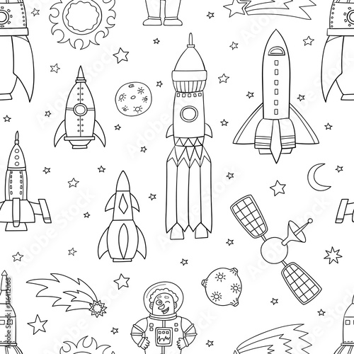 Seamless pattern with space objects: ufo, rockets, aliens. Hand-