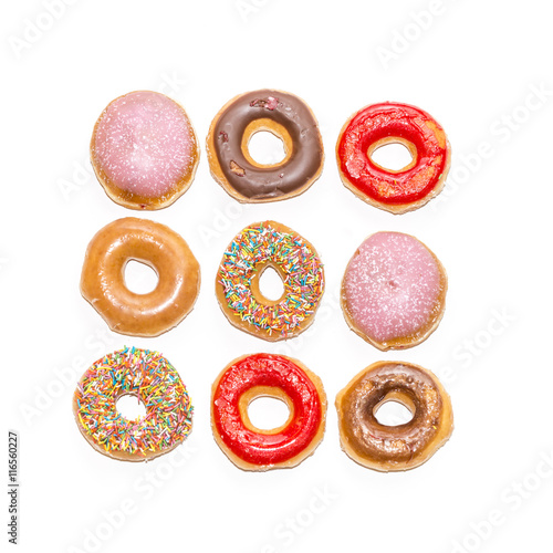 Poster Colorful glazed donuts, view form the top, isolated on white background