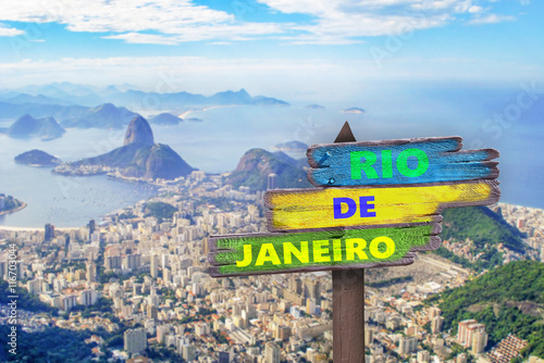 Poster 2016 written on a sign, panorama of Rio de Janeiro in the background