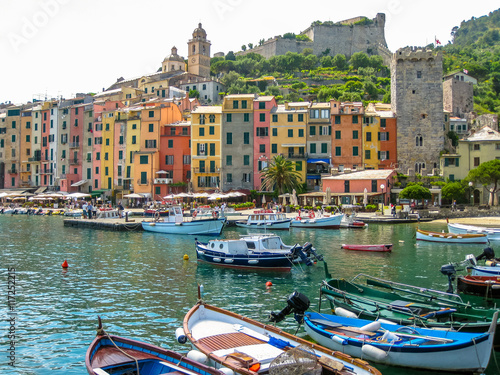 Poster Traditional boats in harbor at Porto Venere, Cinque Terre National Park, Unesco Heritage