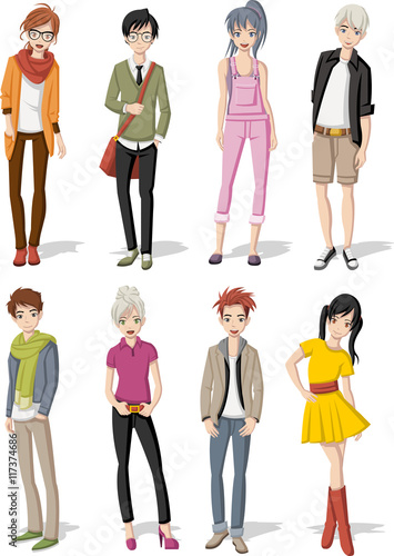 Group of cartoon young people. Manga anime teenagers.
