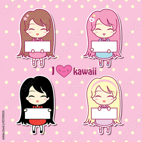Set collections of four cute girls holding blank frames.