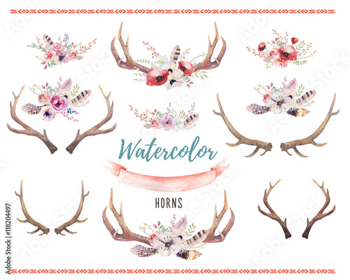  Set of watercolor floral boho antler print. western bohemian de