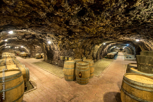 Fototapeta Old wine cellar with oak barrels in Hungary