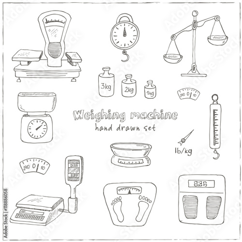 Doodle weighing machine set tools vector