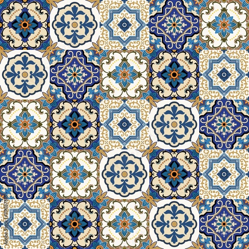  Mega Gorgeous seamless patchwork pattern from colorful Moroccan, Portuguese tiles, Azulejo, ornaments.. Can be used for wallpaper, pattern fills, web page background,surface textures.