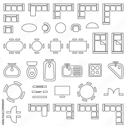 Standard furniture symbols used in architecture plans icons set