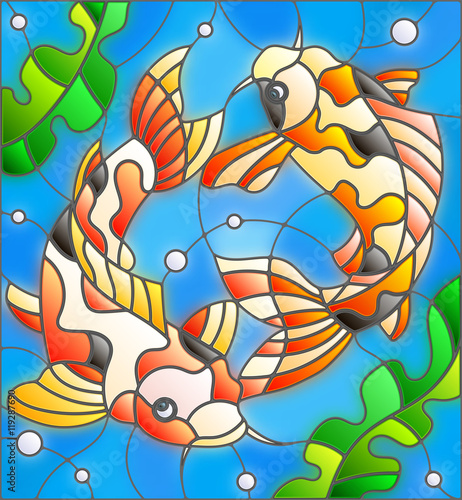 illustration-in-stained-glass-style-with-a-pair-of-carps-on-the-background-of-water-and-algae