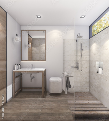  3d rendering nice tone bathroom with good decoration