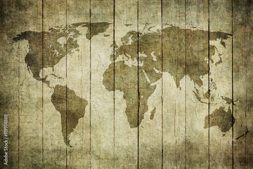 Lacobel vintage map of the world over wooden background..