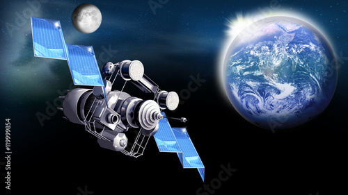 Satellit auf der Umlaufbahn im Weltall,  Erde und Mond
