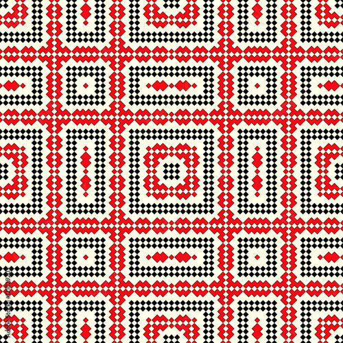  Seamless pattern with ethnic geometric abstract ornament. Cross stitch slavic embroidery motifs.