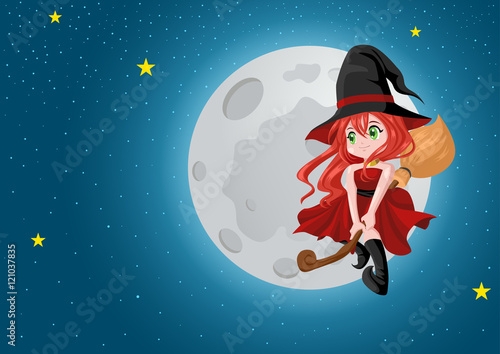 Cute cartoon witch flying with her broom during full moon