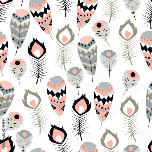  Seamless pattern with boho vintage tribal ethnic colorful vibrant feathers, vector illustration
