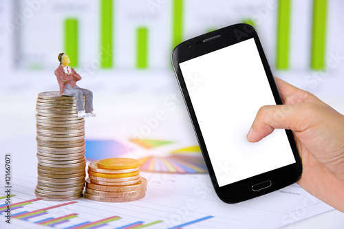 Poster Hand holdind smartphone with businessman is taking profit from trading babkground