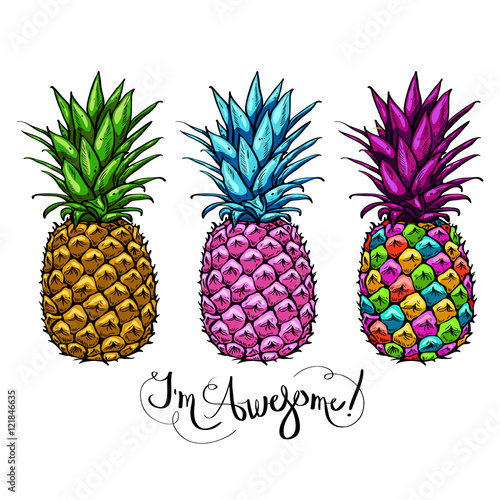 image-with-three-multicolored-pineapples-fruit-lettering-awesome-on-white-background-print-t-shirt-graphic-element-for-your-design-vector-illustration