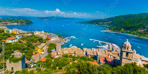 Poster Panoramic view over Portovenere harbor village, Cinque Terre National Park, Lig
