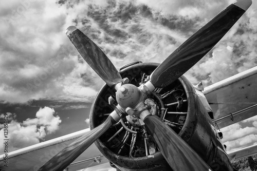 Fototapeta Close up of old airplane in black and white
