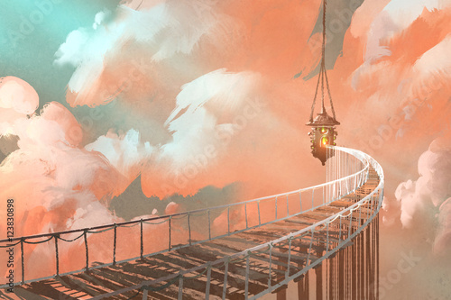 linowy-most-prowadzi-wiszacy-lampion-w-chmurach-ilustracyjny-obraz