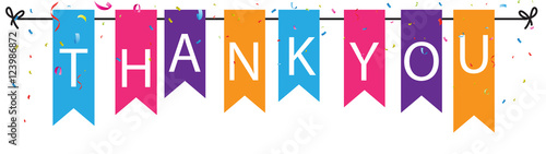 Thank you sign with colorful bunting flags and confetti background © radenmas
