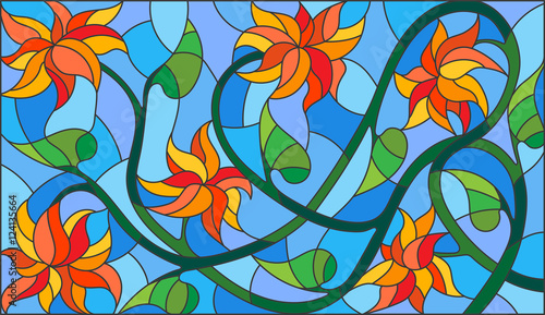illustration-in-stained-glass-style-with-abstract-orange-flowers-on-a-blue-background-horizontal-orientation