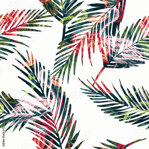 Fototapeta Seamless exotic pattern with abstract palm leaves and tropical a