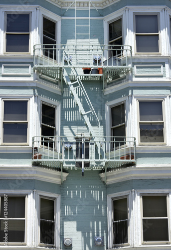 Poster fire escape in San Francisco , building with windows and emerg