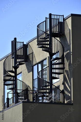 Poster fire escape in San Francisco , building with windows and emerg