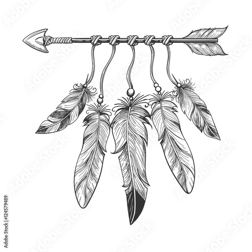 gezeichneter-pfeil-der-weinlese-geburt-christi-hand-mit-federn-stammes-boho-indischer-dreamcatche-talisman-an-lokalisiert