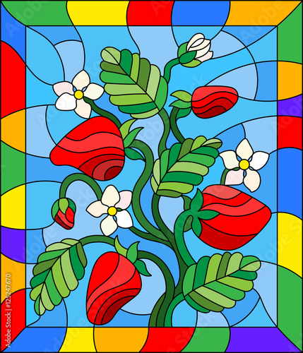 illustration-in-stained-glass-style-with-flowers-berries-and-leaves-of-strawberry-in-a-bright-frame