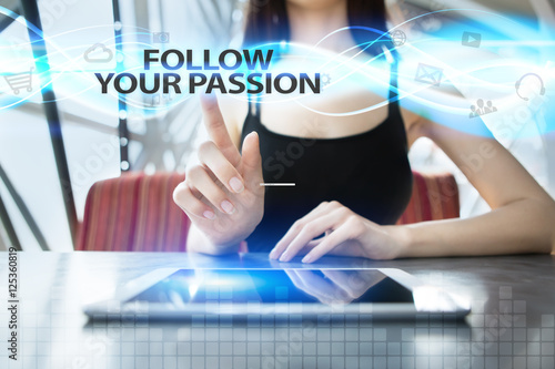Poster Woman is using tablet pc, pressing on virtual screen and selecting follow your p