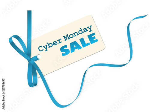 "CYBER MONDAY SALE" vector sales tag with blue ribbon