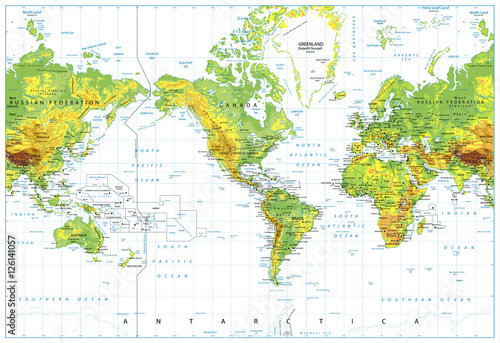 Obraz Fotograficzny America Centered Physical World Map isolated on white