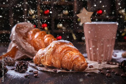 Christmas Or New Year PastriesCroissant With A Warming DrinkcoffeeWinter Holidays Christmas Or New Year PastriesCroissant With A Warming DrinkcoffeeWinter Holidays