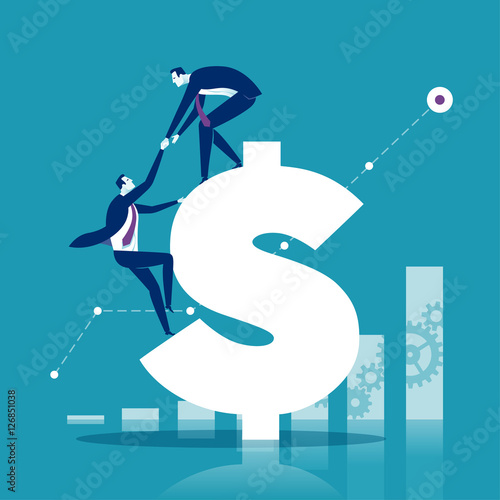 Helping Hand. Businessman helps to climb a dollar sign. Concept business vector illustration.