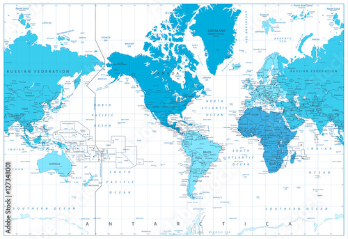 Poszter World map continents in colors of blue. America in center