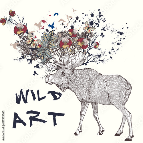 Illustration with hand drawn elk, flowers in it horns, butterfli