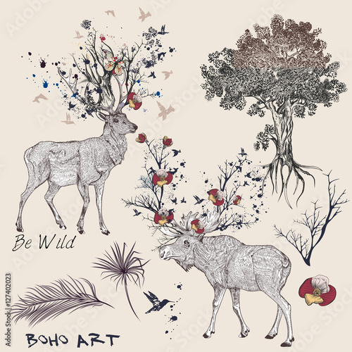  Boho animals, plants, butterflies and branches in engraved hand