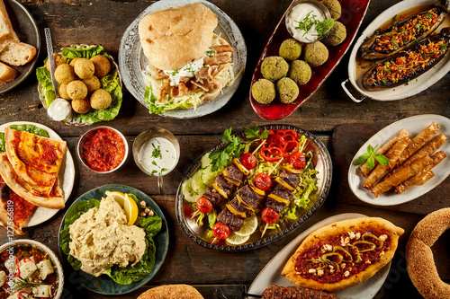 Obraz na płótnie Various Mediterranean dishes and bread on table