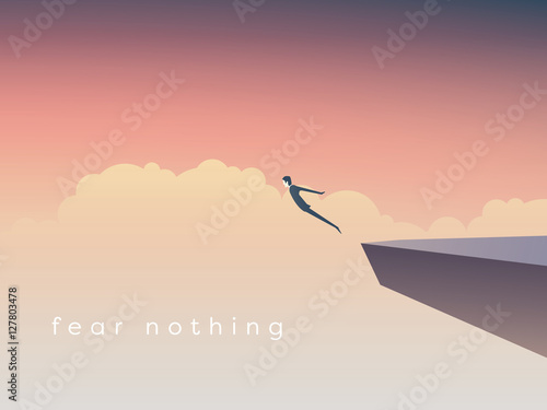 Business concept of courage. Businessman jumping off a cliff as sign brave leadership and step forward.