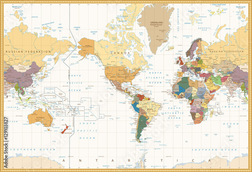 Obraz Fotograficzny Vintage Color Map America Centered Political World Map