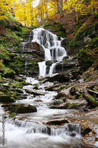  Beautiful view of the waterfall in the beech forest in the golden autumn season.