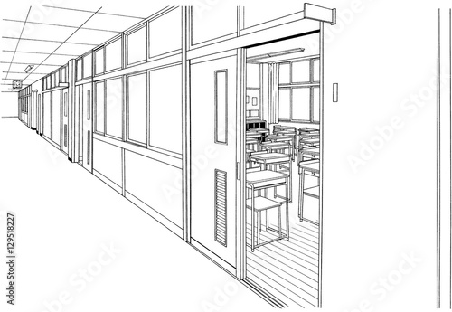 漫画風ペン画イラスト　学校廊下